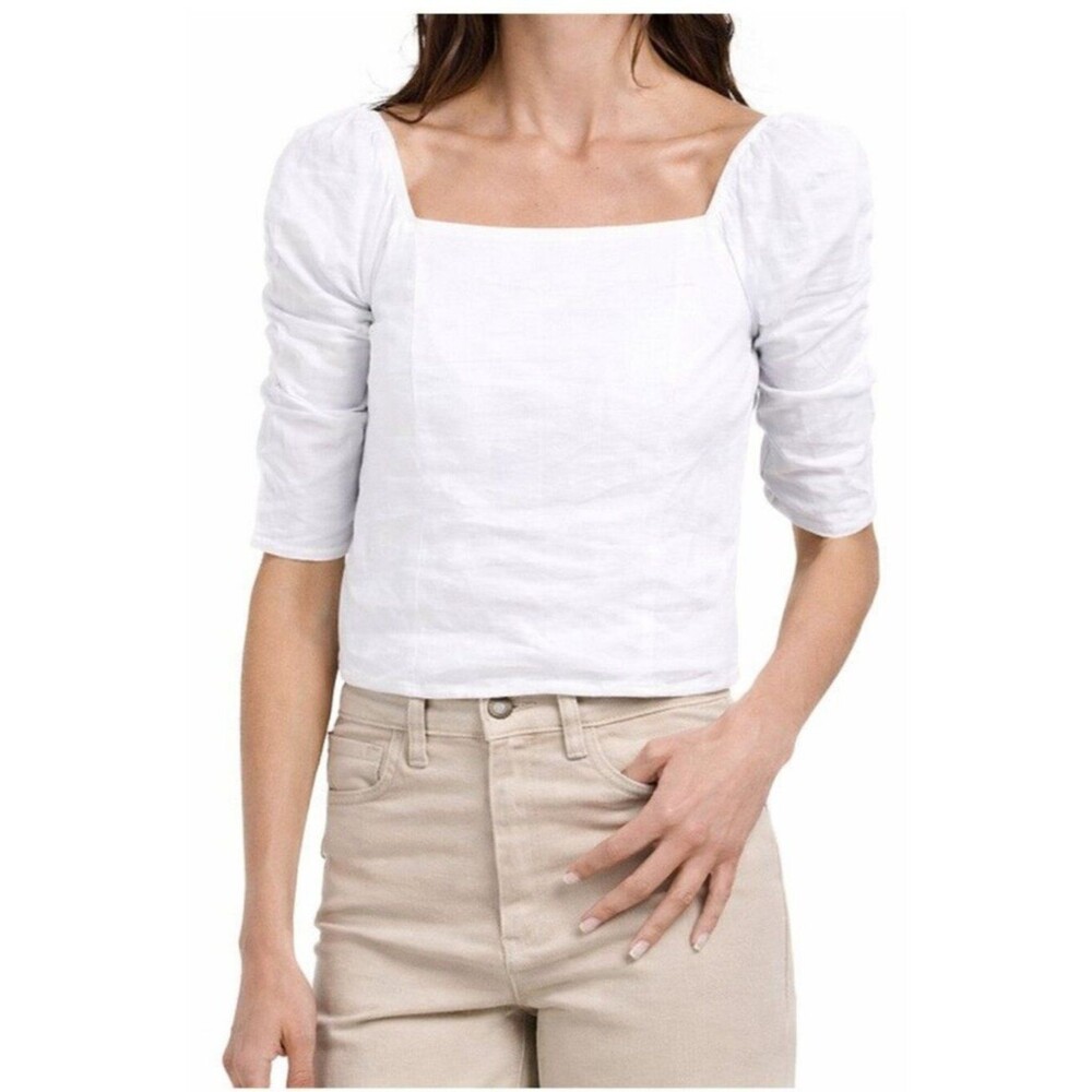 Rachel Zoe Cropped Linen Top Size XL NWT White Square-Neck Puff Sleeve